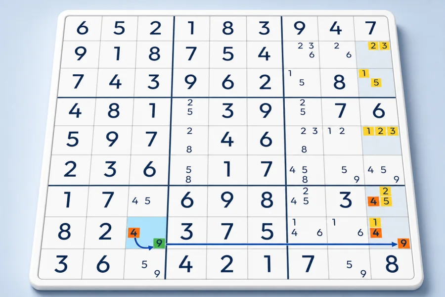A UVWXYZ-Wing links six highlighted Sudoku cells