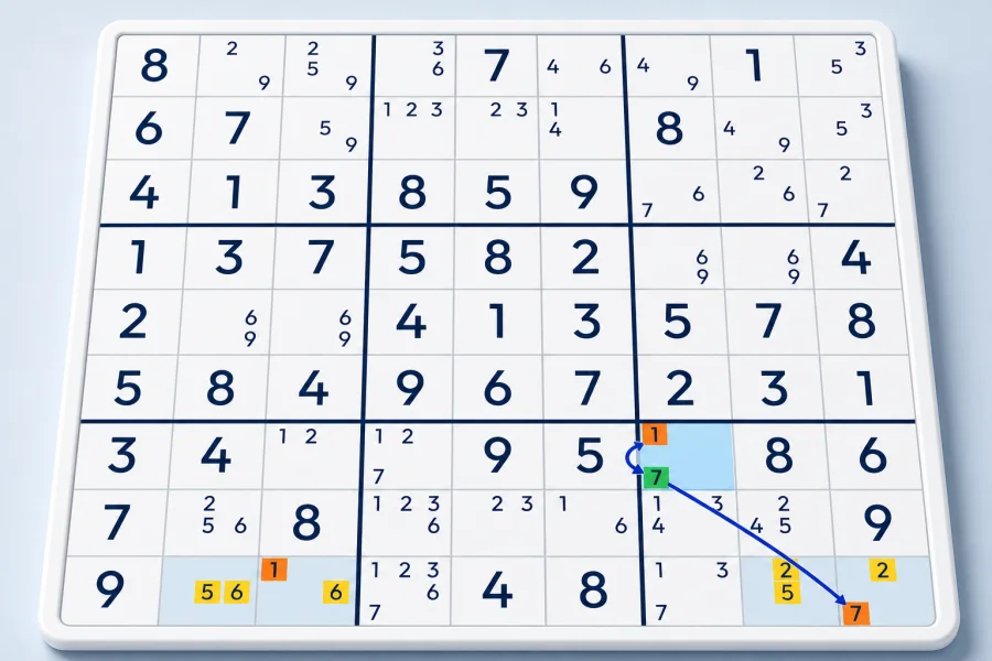 A VWXYZ-Wing links five highlighted Sudoku cells