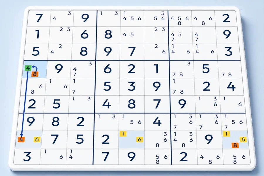 A WXYZ-Wing links four highlighted Sudoku cells
