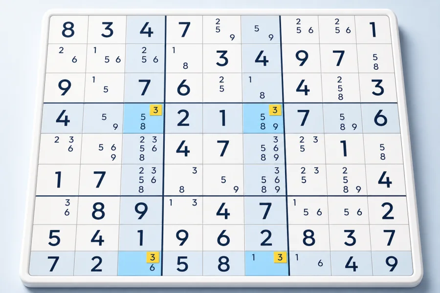 Four candidate 3s form an X-Wing across two rows and two columns in a Sudoku grid