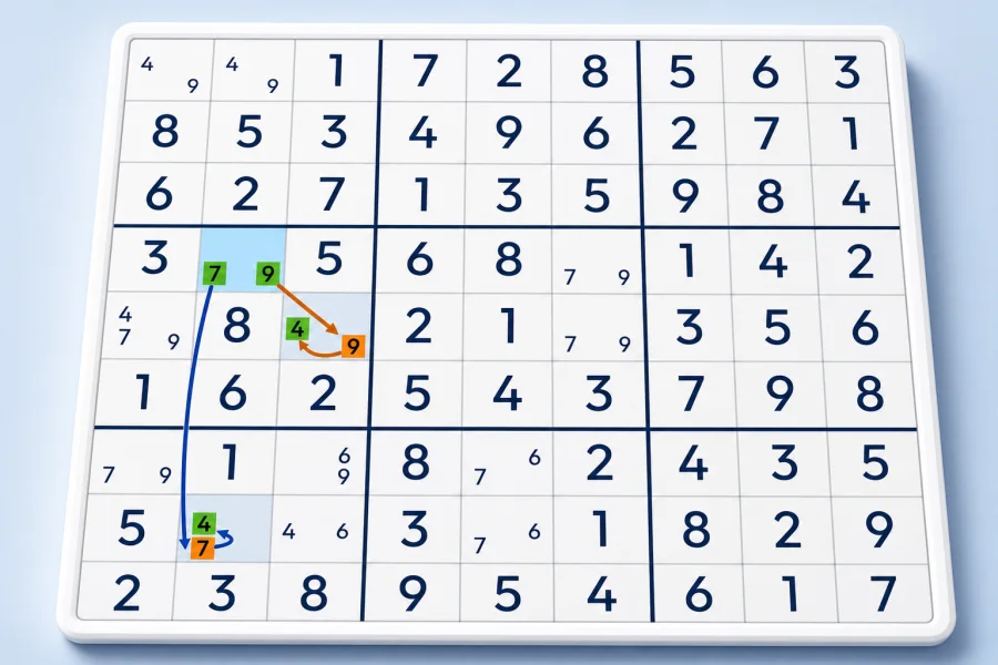 An XY-Wing connects a 7 and 9 pivot to two candidate 4 pincers in a Sudoku grid