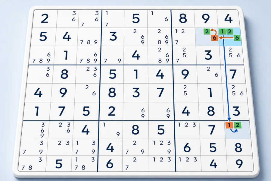 An XYZ-Wing connects a 1, 2 and 6 pivot to two candidate 2 pincers in a Sudoku grid