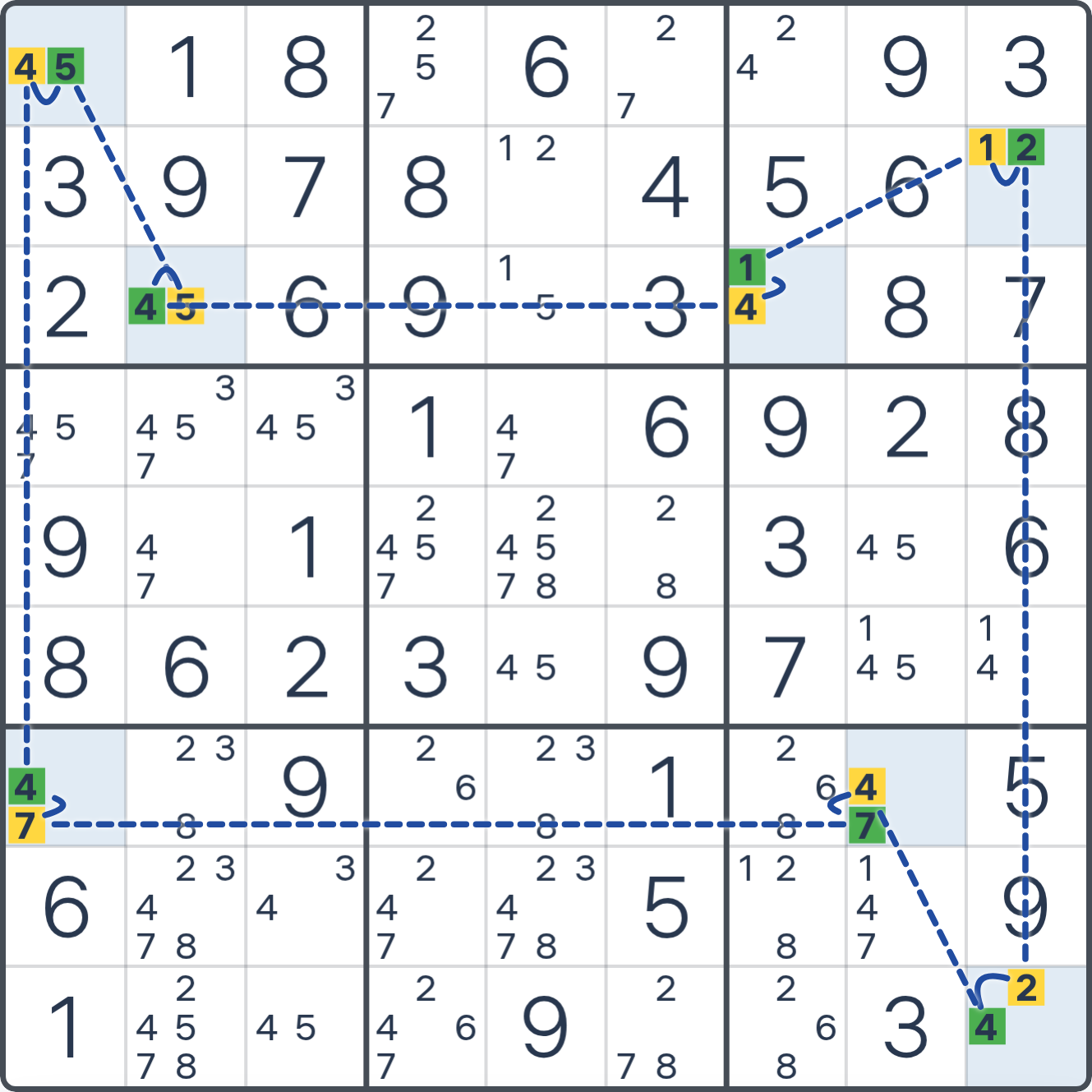 Grille de Sudoku montrant l’étape 2 de l’exemple (Anneau AIC bivalent), avec les candidats et cases pertinents mis en évidence.