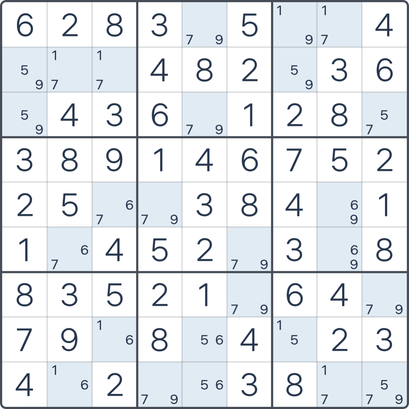 Grille de Sudoku montrant l’étape 1 de l’exemple (BUG Type 1), avec les candidats et cases pertinents mis en évidence.