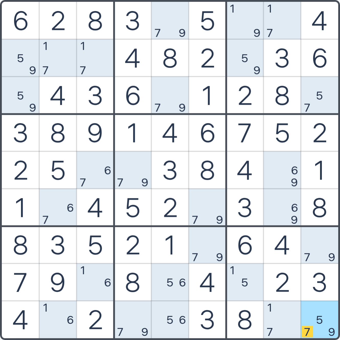 Grille de Sudoku montrant l’étape 2 de l’exemple (BUG Type 1), avec les candidats et cases pertinents mis en évidence.