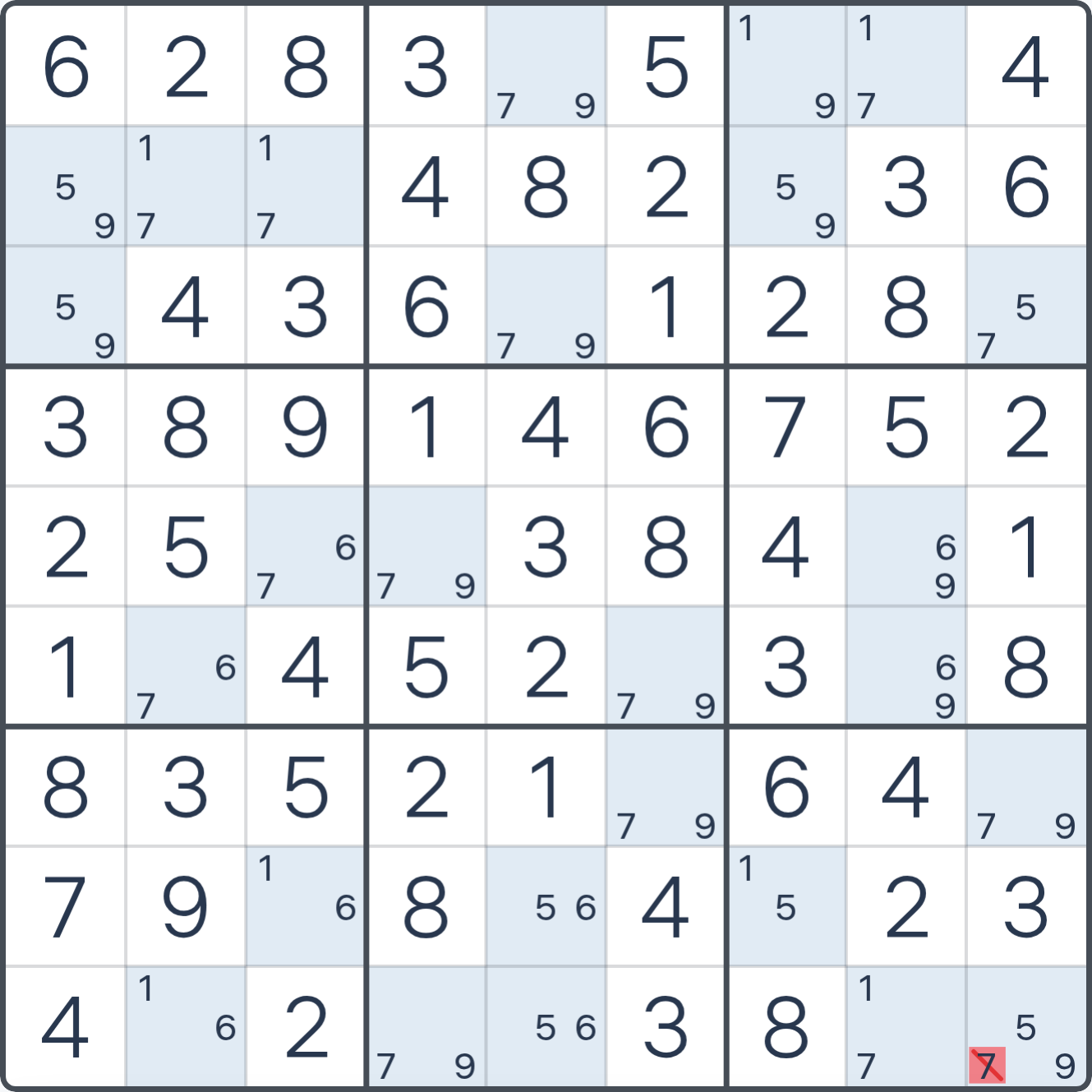 Grille de Sudoku montrant l’étape 3 de l’exemple (BUG Type 1), avec les candidats et cases pertinents mis en évidence.