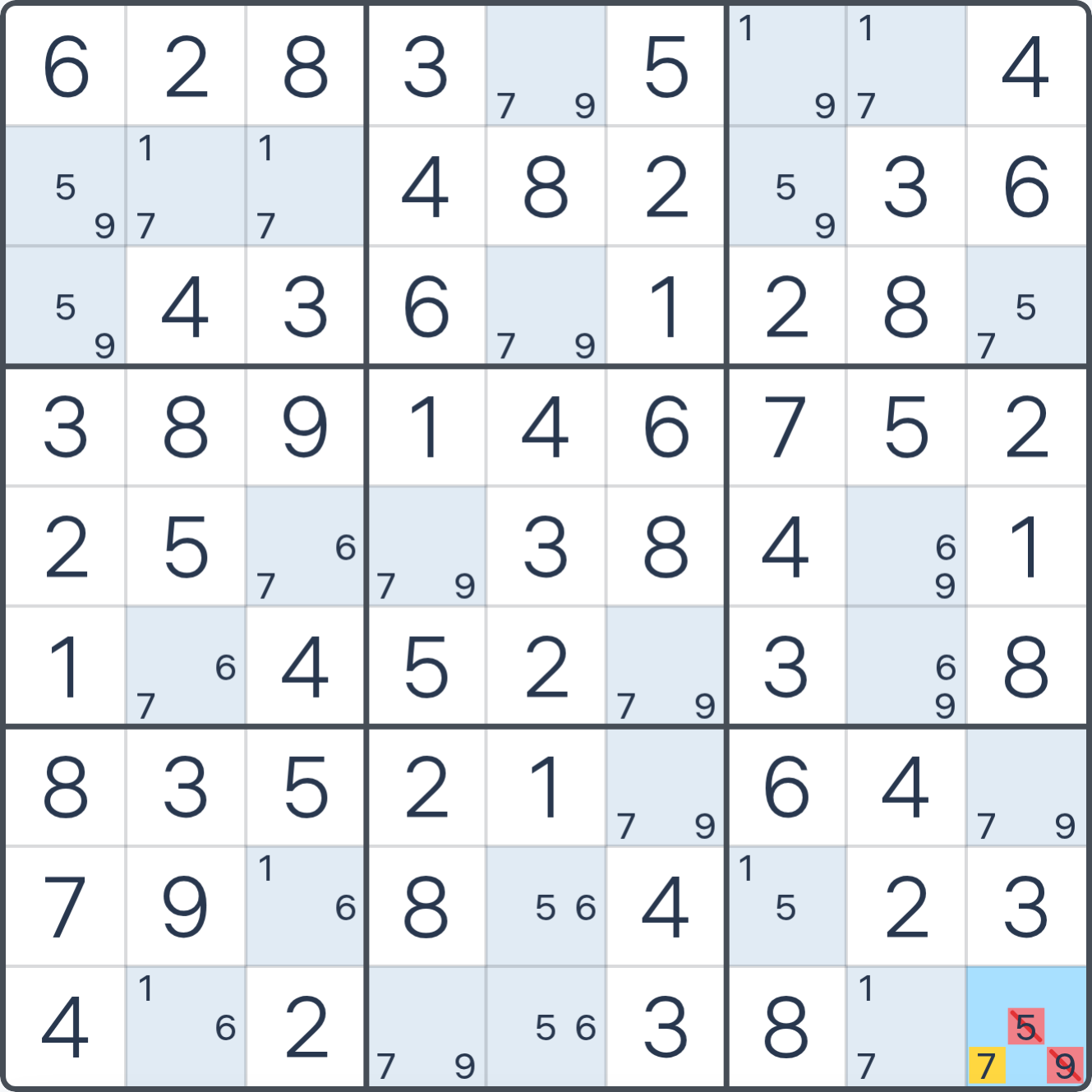 Grille de Sudoku après la déduction (BUG Type 1), avec le placement ou les éliminations justifiés mis en évidence.