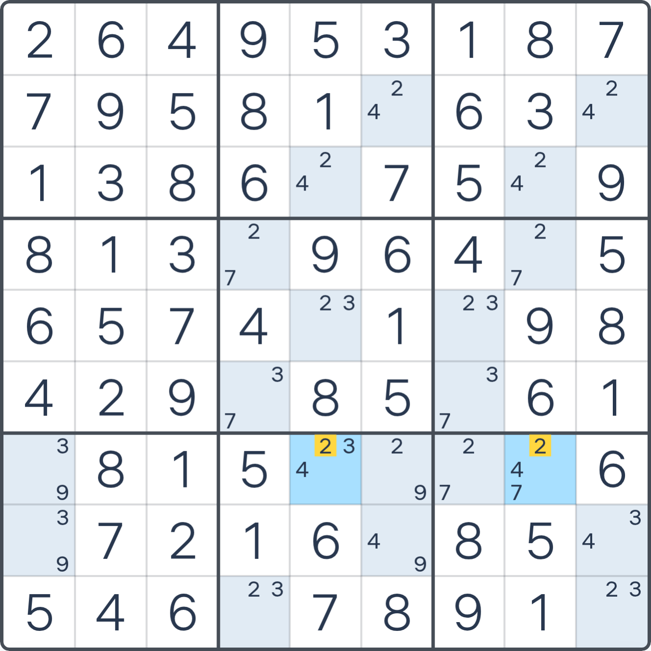 Grille de Sudoku montrant l’étape 2 de l’exemple (BUG Type 2), avec les candidats et cases pertinents mis en évidence.