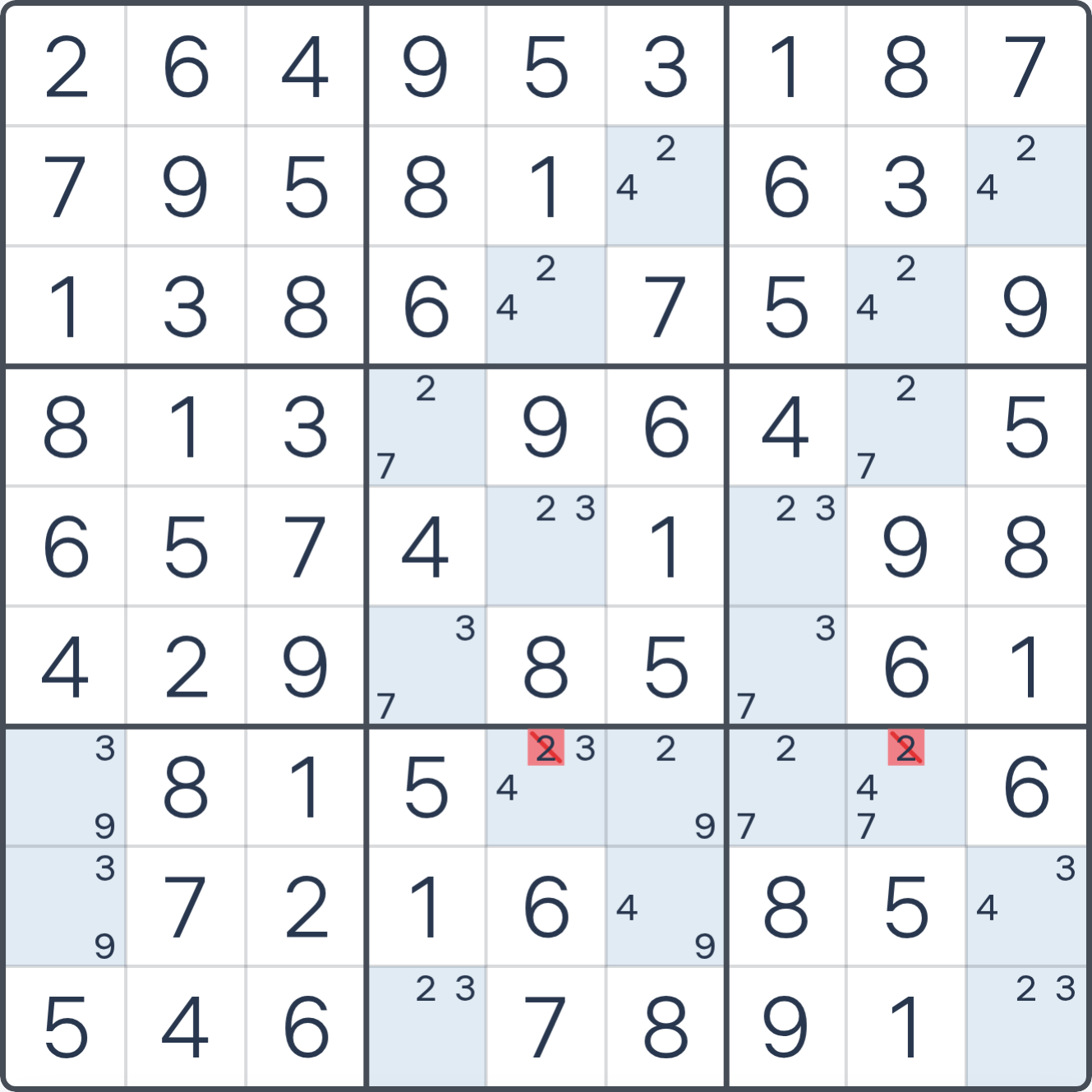 Grille de Sudoku montrant l’étape 3 de l’exemple (BUG Type 2), avec les candidats et cases pertinents mis en évidence.