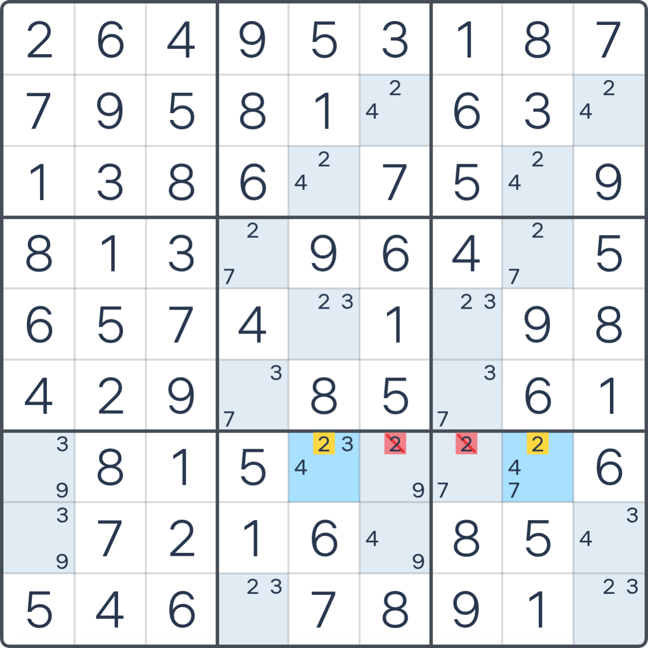 Grille de Sudoku après la déduction (BUG Type 2), avec le placement ou les éliminations justifiés mis en évidence.