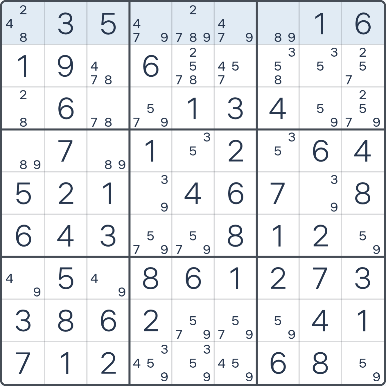 Grille de Sudoku montrant l’étape 1 de l’exemple (Claiming), avec les candidats et cases pertinents mis en évidence.