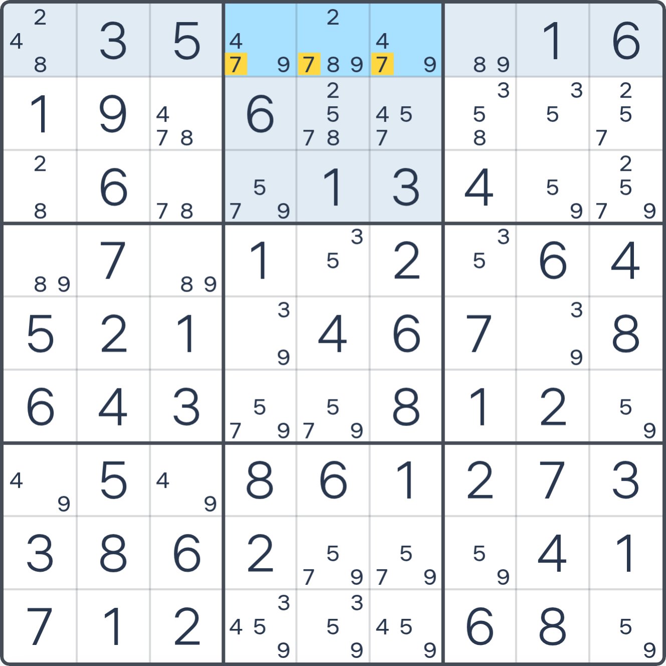 Grille de Sudoku montrant l’étape 2 de l’exemple (Claiming), avec les candidats et cases pertinents mis en évidence.