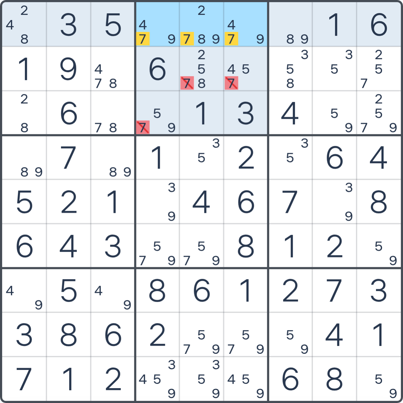 Grille de Sudoku après la déduction (Claiming), avec le placement ou les éliminations justifiés mis en évidence.