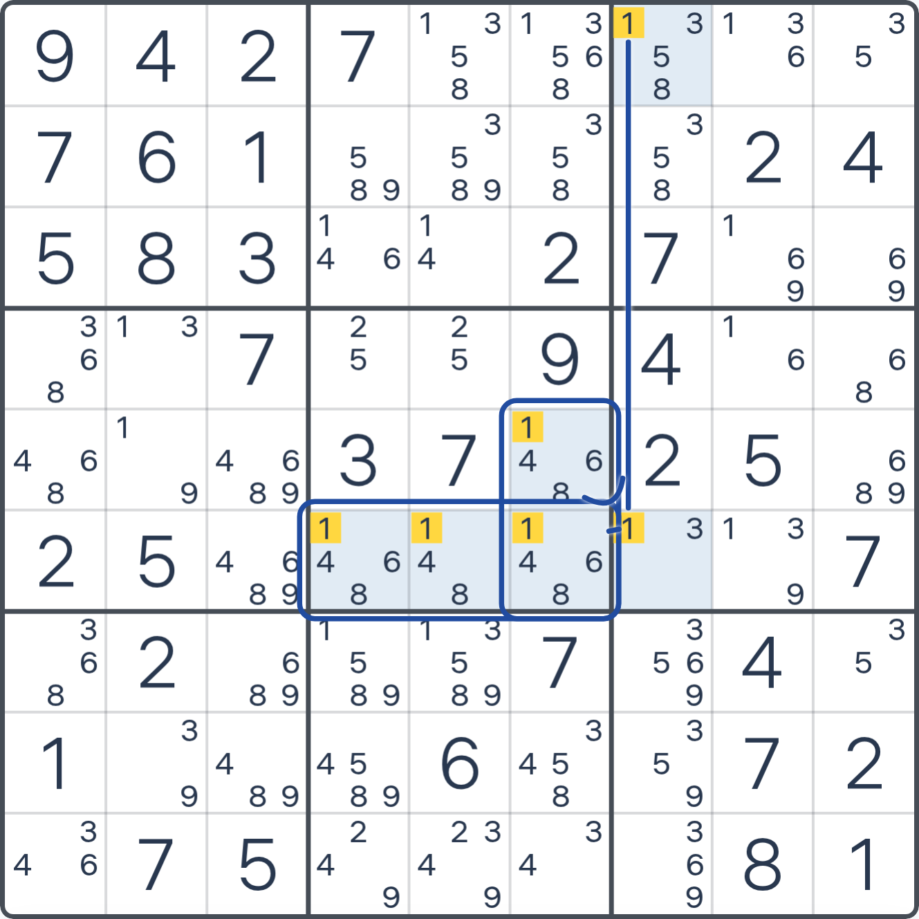 Grille de Sudoku montrant l’étape 2 de l’exemple (Rectangle vide), avec les candidats et cases pertinents mis en évidence.