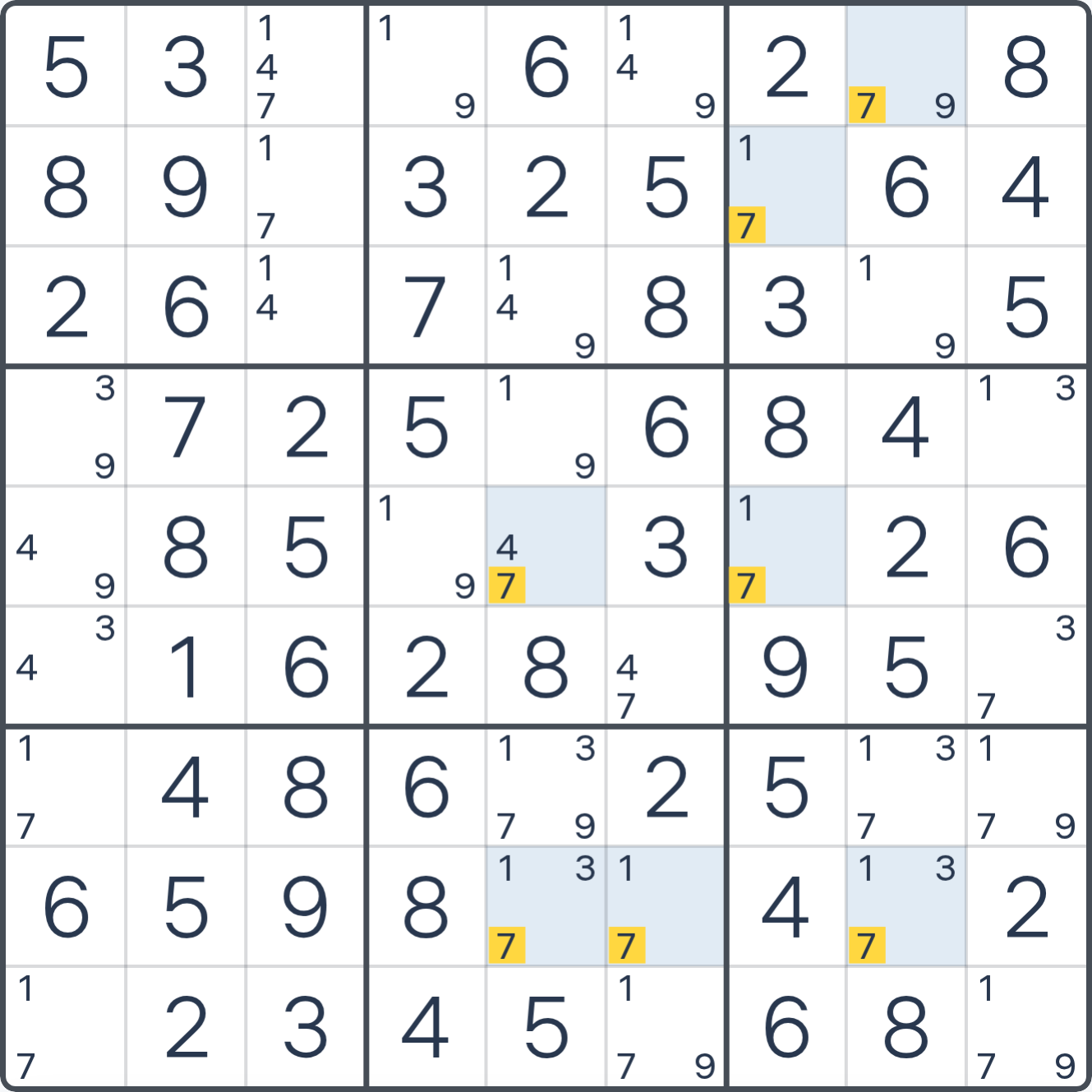 数字7のグループ化L(1)-Wingにおける7つの候補出現をハイライトした数独盤面。