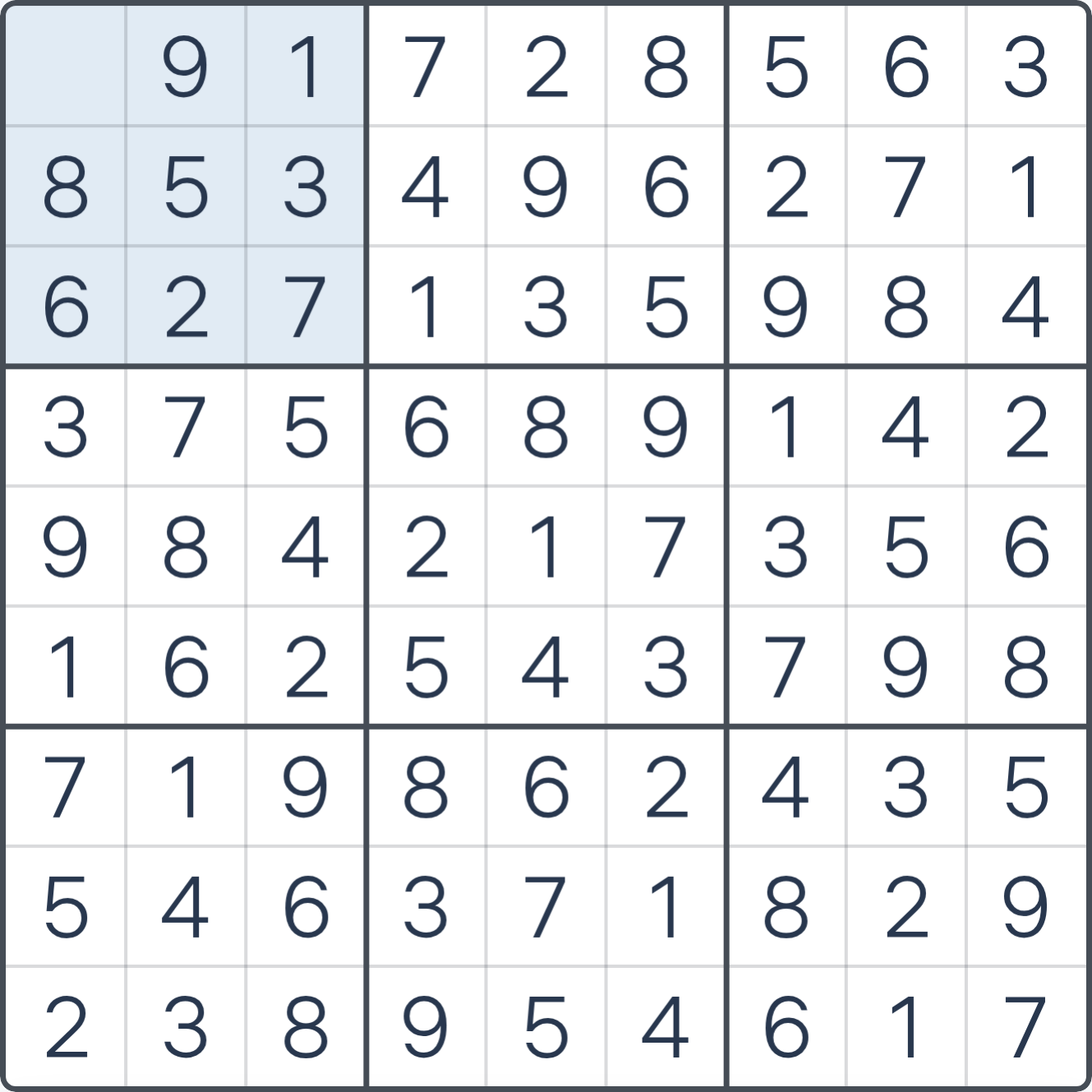 Sudoku-Gitter zu Schritt 1 des Walkthroughs (Letzte freie Zelle), mit den relevanten Kandidaten und Zellen hervorgehoben.