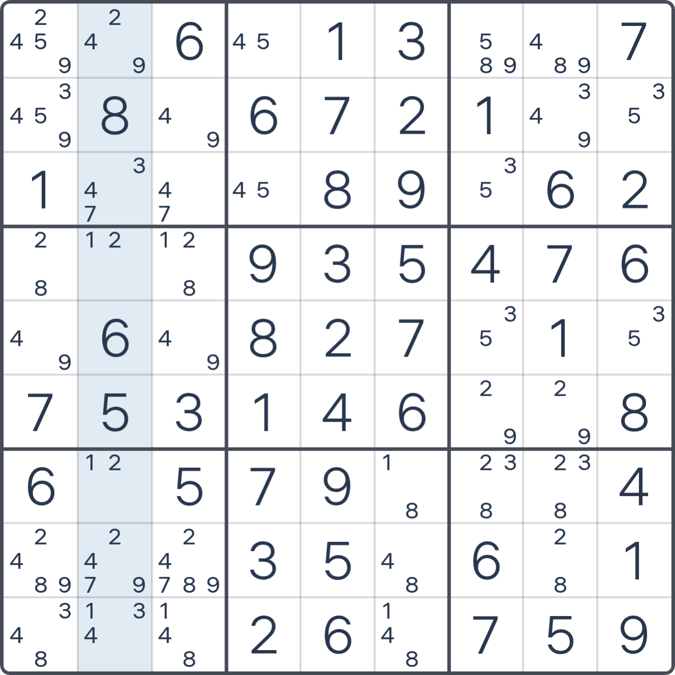 Grille de Sudoku montrant l’étape 1 de l’exemple (Paires Nues), avec les candidats et cases pertinents mis en évidence.