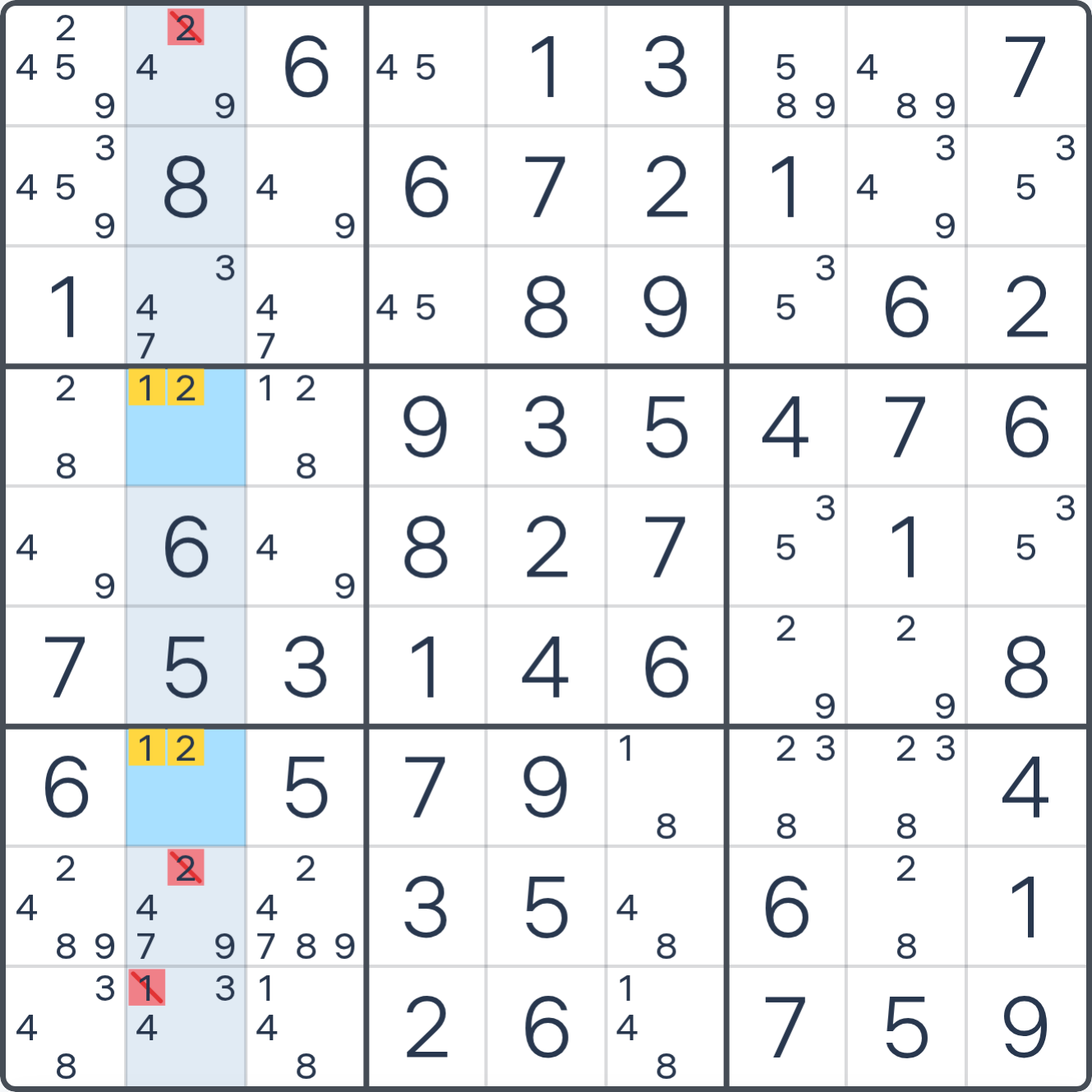 Grille de Sudoku après la déduction (Paires Nues), avec le placement ou les éliminations justifiés mis en évidence.