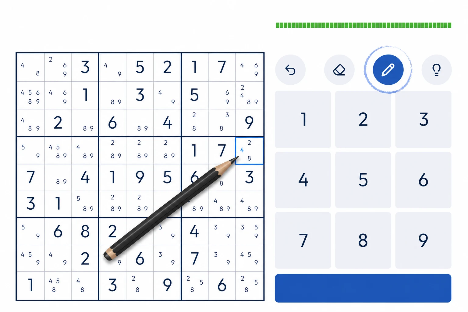 Sudoked puzzle with small candidate notes in empty cells and a pencil adding candidate 4 to a selected cell