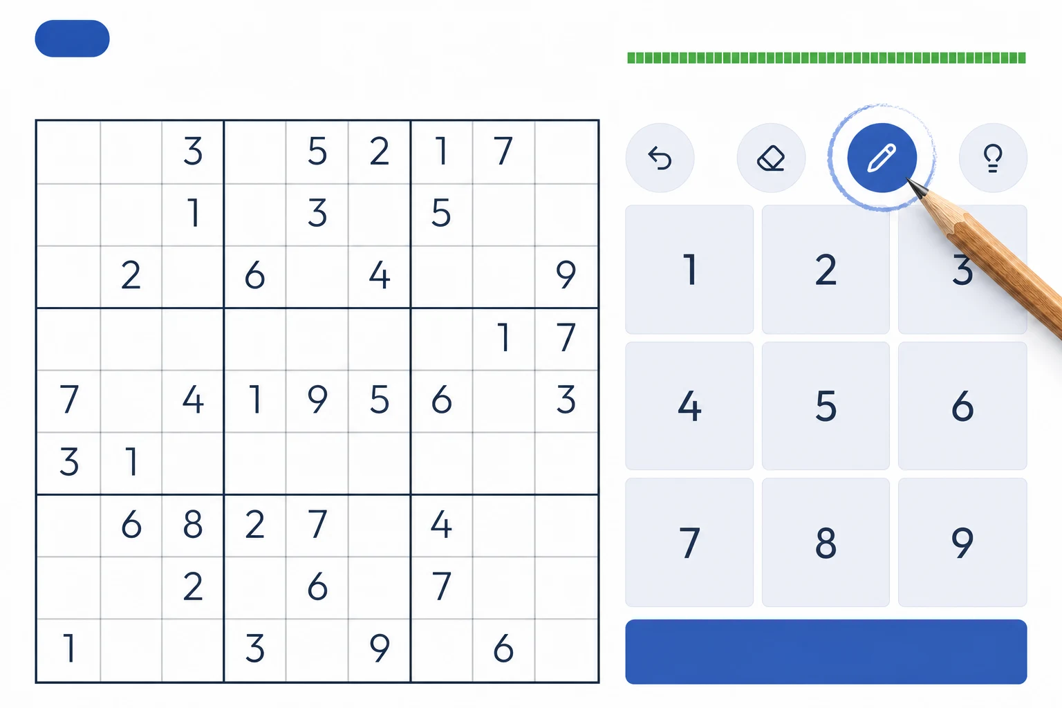 Sudoked puzzle interface with Pencil mode switched on and a pencil pointing to the active control