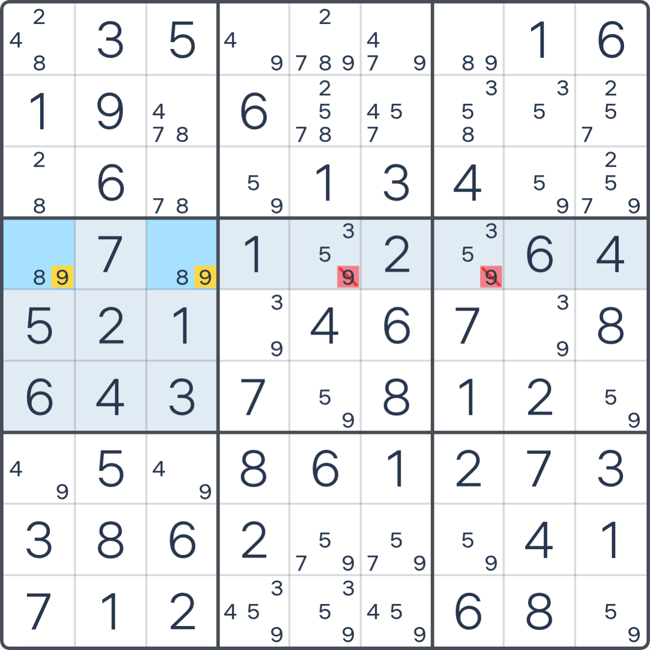 Grille de Sudoku après la déduction (Pointing), avec le placement ou les éliminations justifiés mis en évidence.