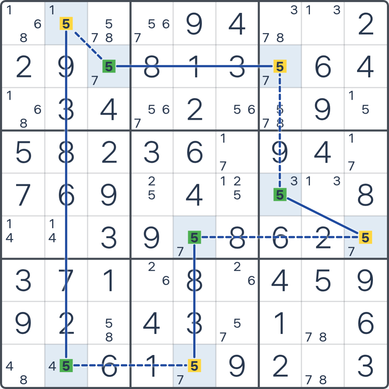 Grille de Sudoku montrant l’étape 2 de l’exemple (Anneau AIC à un chiffre), avec les candidats et cases pertinents mis en évidence.