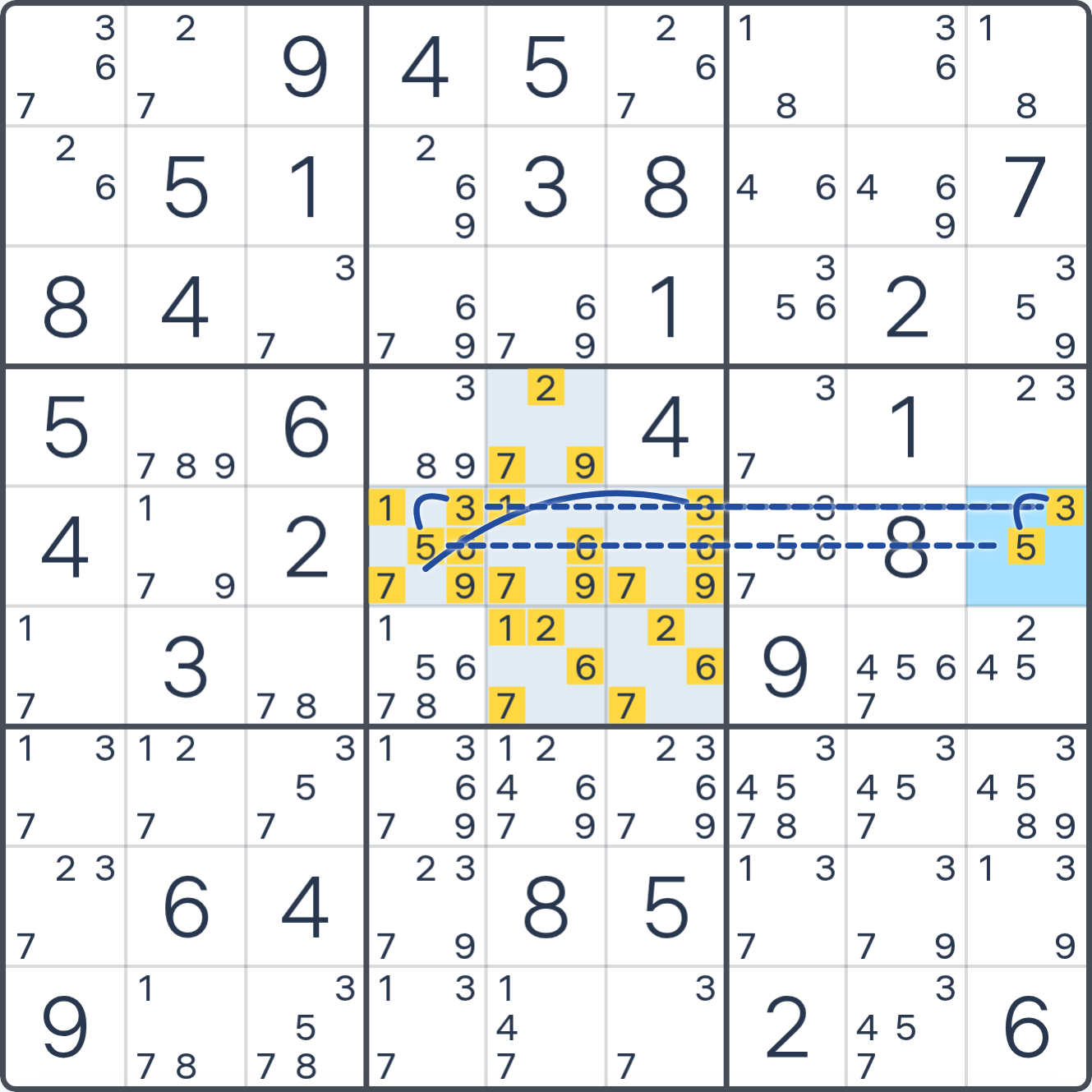 Grille de Sudoku montrant l’étape 2 de l’exemple (Anneau TUVWXYZ), avec les candidats et cases pertinents mis en évidence.