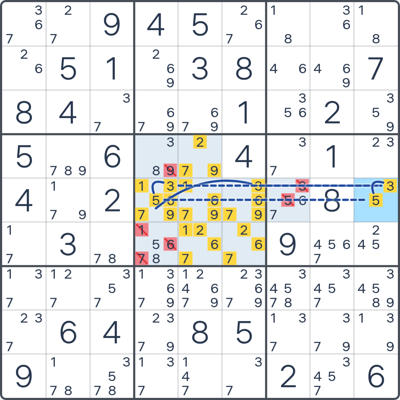 Grille de Sudoku après la déduction (Anneau TUVWXYZ), avec le placement ou les éliminations justifiés mis en évidence.