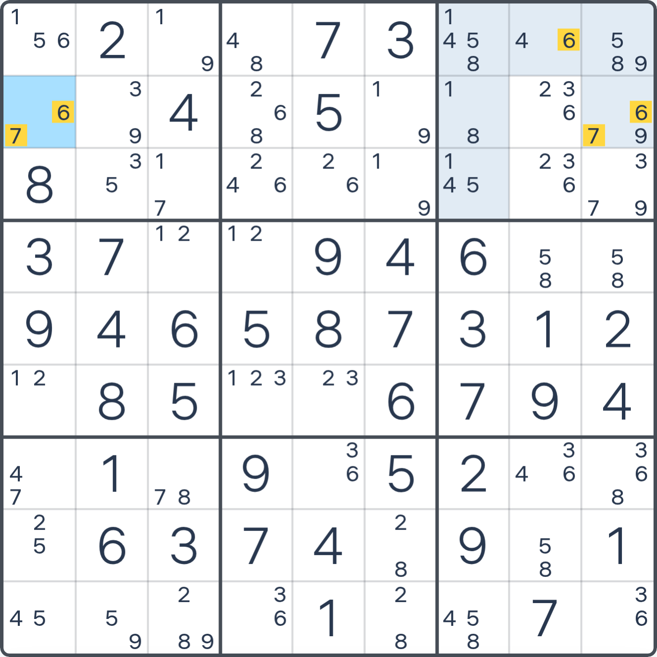 Grille de Sudoku montrant l’étape 1 de l’exemple (Aile TUVWXYZ), avec les candidats et cases pertinents mis en évidence.
