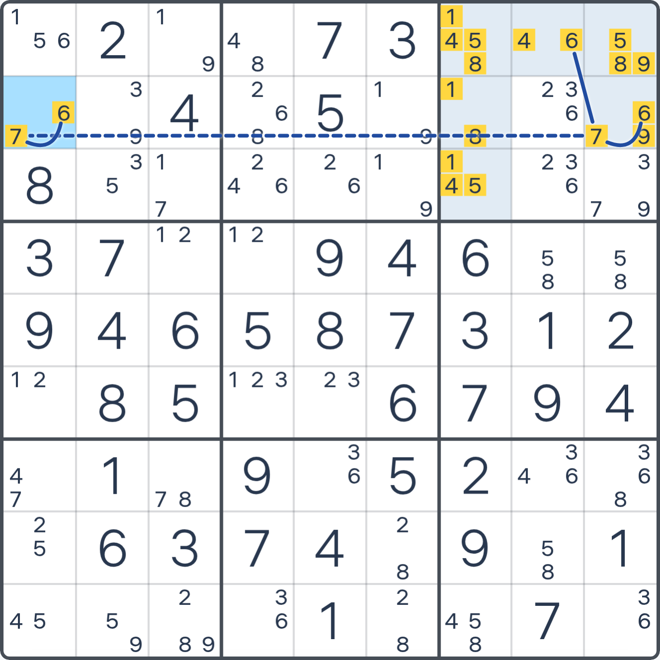 Grille de Sudoku montrant l’étape 2 de l’exemple (Aile TUVWXYZ), avec les candidats et cases pertinents mis en évidence.