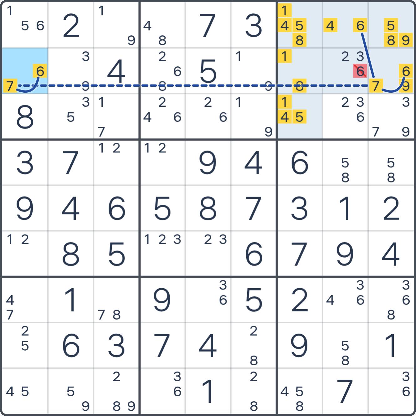 Grille de Sudoku après la déduction (Aile TUVWXYZ), avec le placement ou les éliminations justifiés mis en évidence.