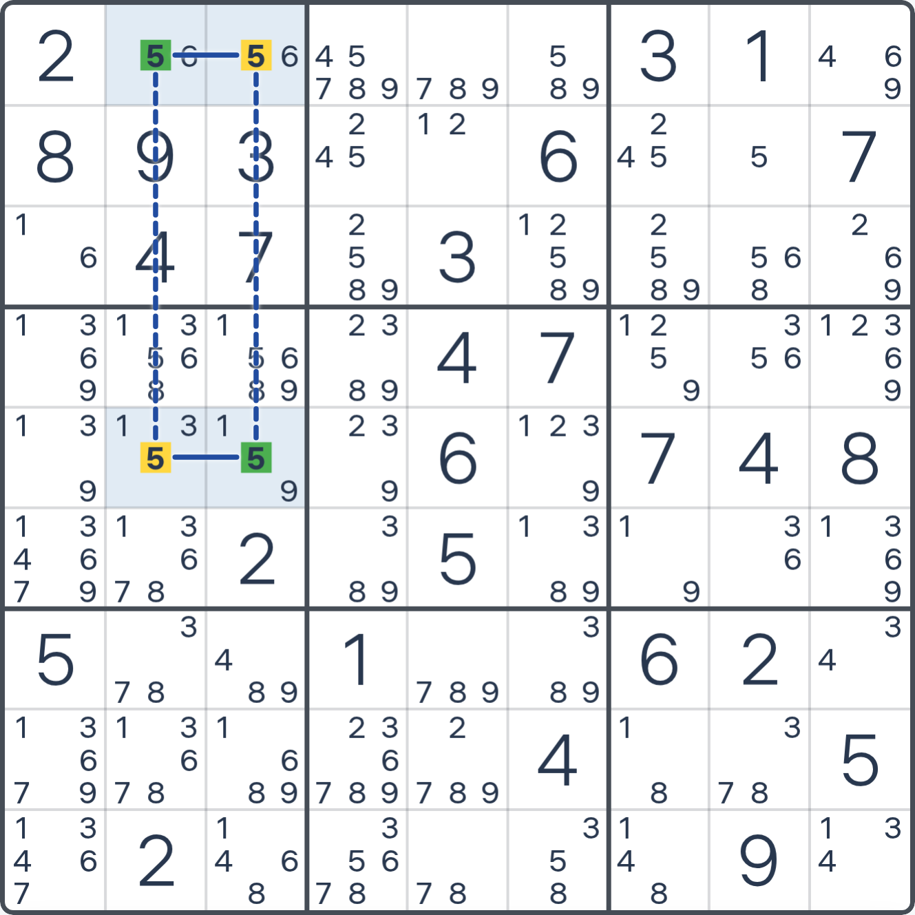 Grille de Sudoku montrant l’étape 2 de l’exemple (Anneau AIC à un chiffre à deux nœuds), avec les candidats et cases pertinents mis en évidence.