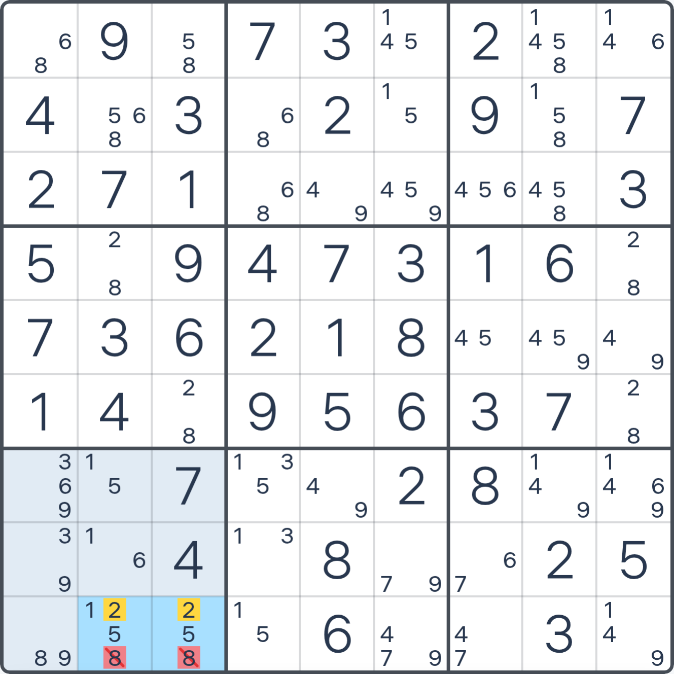 Grille de Sudoku après la déduction (Boucle Unique type 4), avec le placement ou les éliminations justifiés mis en évidence.
