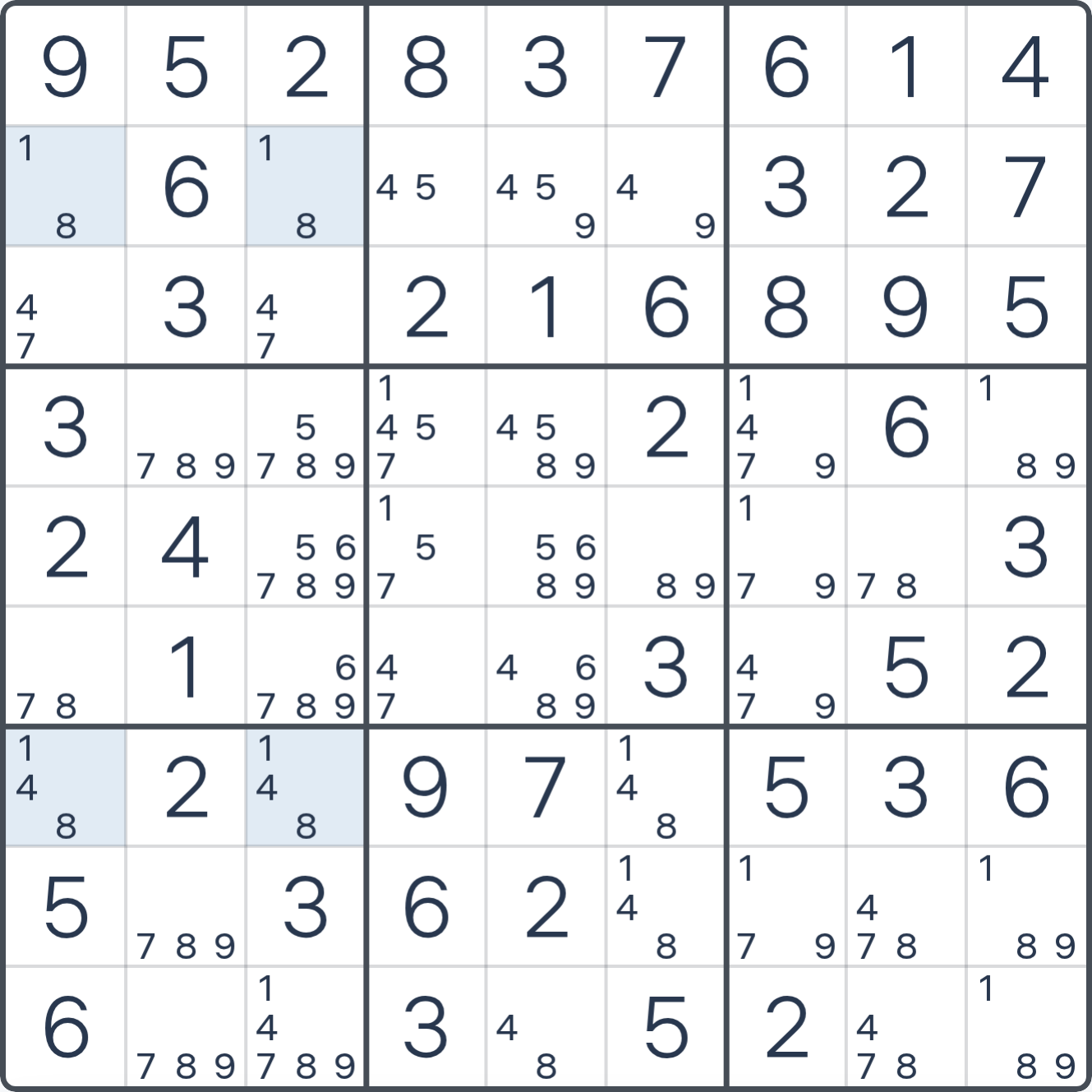 Grille de Sudoku montrant l’étape 1 de l’exemple (Rectangle Unique type 2), avec les candidats et cases pertinents mis en évidence.