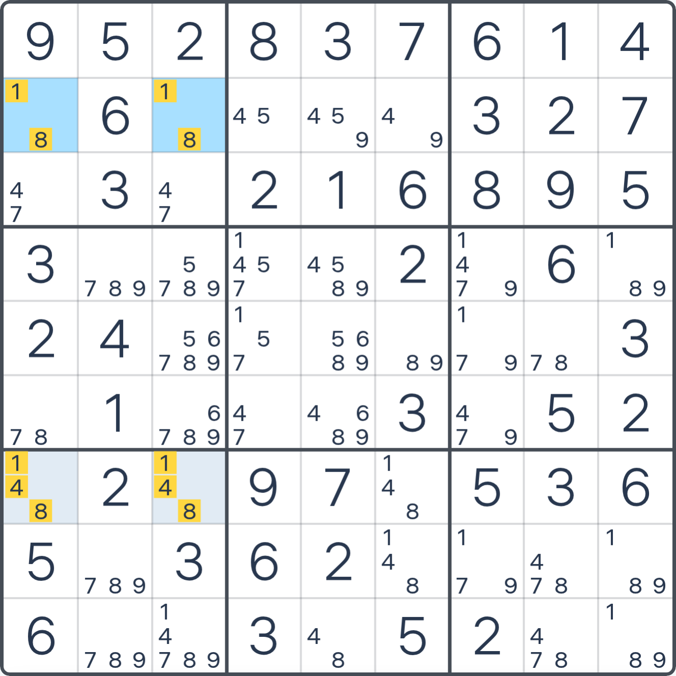 Grille de Sudoku montrant l’étape 2 de l’exemple (Rectangle Unique type 2), avec les candidats et cases pertinents mis en évidence.