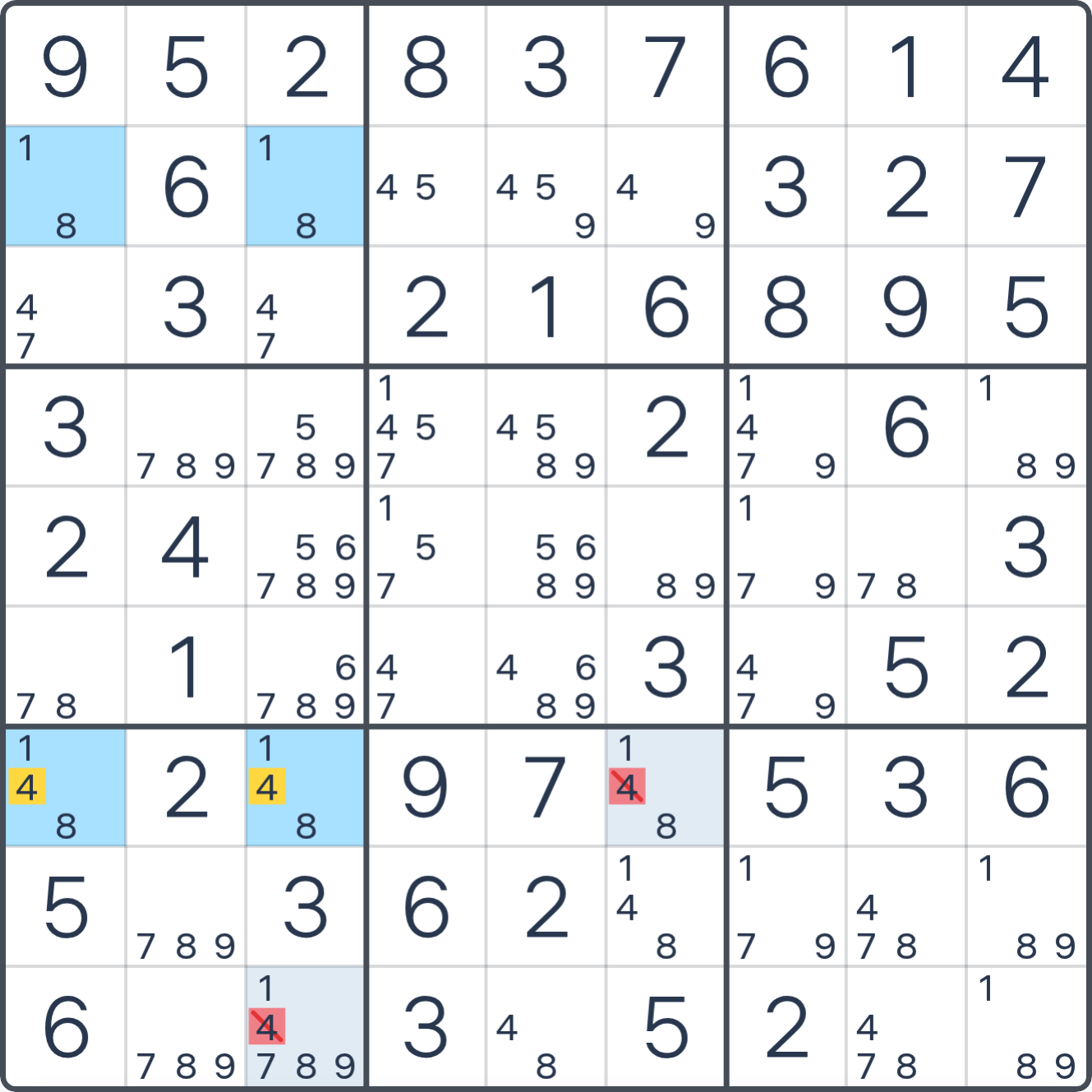 Grille de Sudoku après la déduction (Rectangle Unique type 2), avec le placement ou les éliminations justifiés mis en évidence.