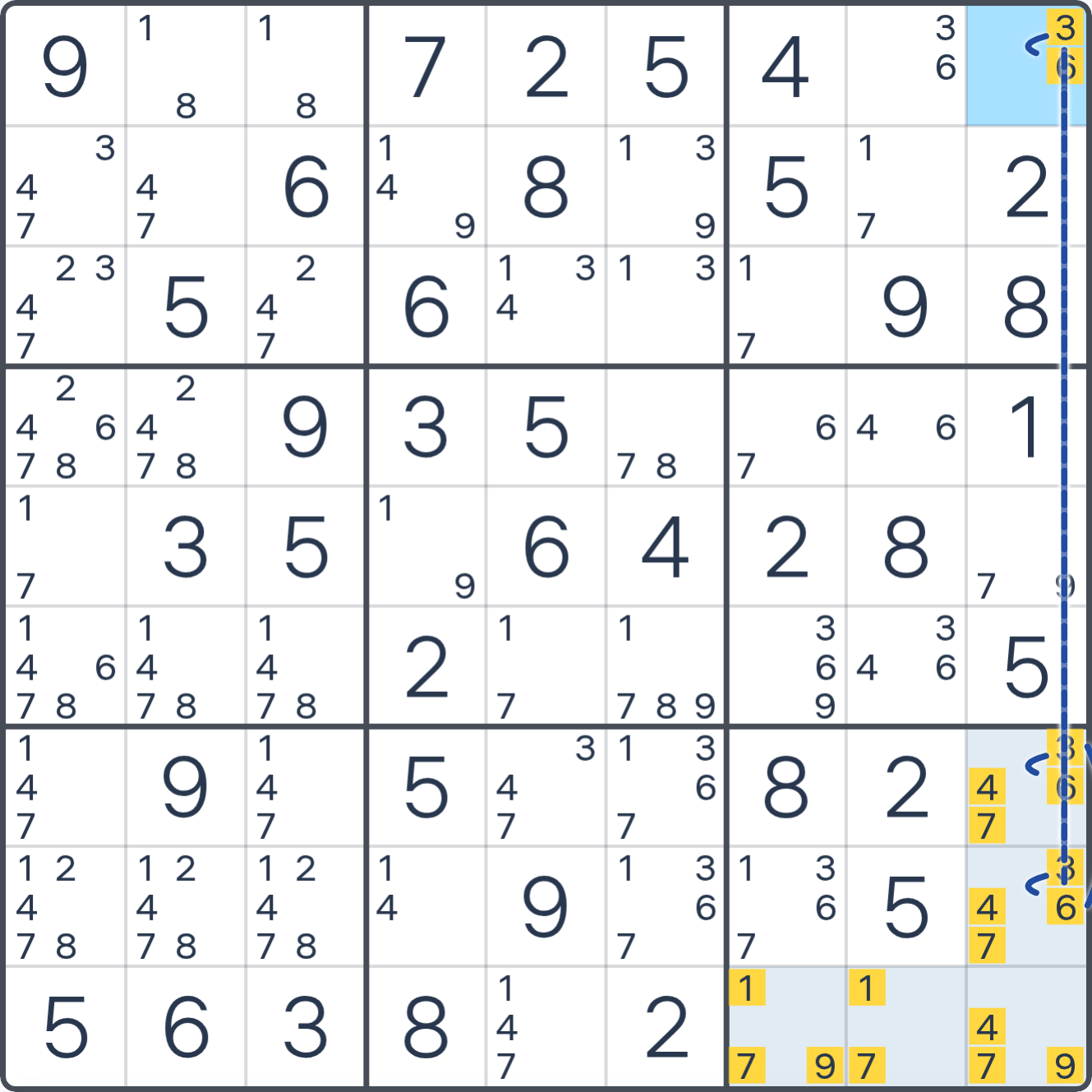 Grille de Sudoku montrant l’étape 2 de l’exemple (Anneau UVWXYZ), avec les candidats et cases pertinents mis en évidence.