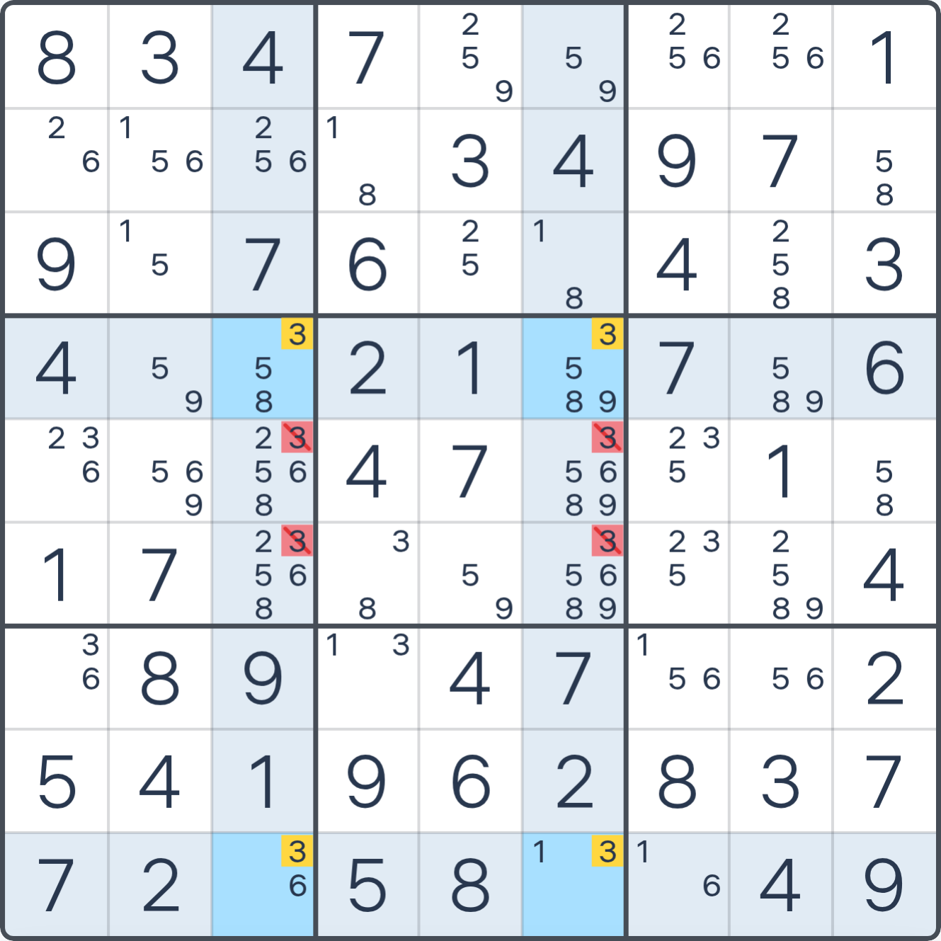 Grille de Sudoku après la déduction (X-Aile), avec le placement ou les éliminations justifiés mis en évidence.